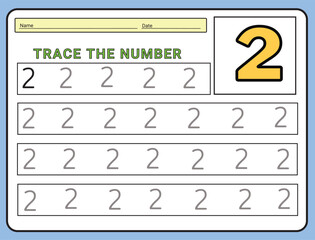 Numbers 2 tracing  practice worksheet. Learning Number activity page Printable template Vector illustrations