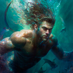 Illustration of a merman swimming underwater with floating long hair AI Generated