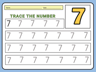 Numbers 7 tracing  practice worksheet. Learning Number activity page Printable template Vector illustrations