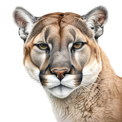 Obraz premium an isolated mountain lion cougar portrait, fierce jungle-themed photorealistic illustration on a transparent background in PNG. Generative AI