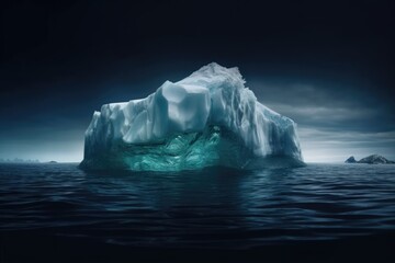 Fototapeta na wymiar An iceberg floating in the ocean with a dark sky in the background. Generative AI
