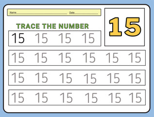 Numbers 15 tracing  practice worksheet. Learning Number activity page Printable template Vector illustrations
