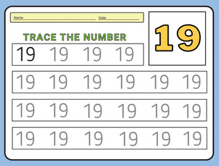 Numbers 19 tracing  practice worksheet. Learning Number activity page Printable template Vector illustrations