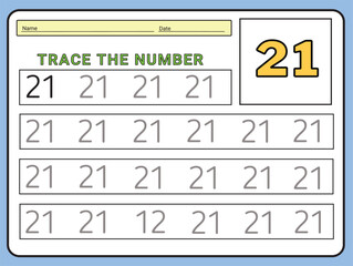 Numbers 21 tracing  practice worksheet. Learning Number activity page Printable template Vector illustrations
