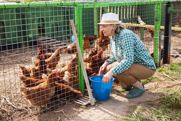 Smiling mature female proffesional farmer near chicken house at farm outdoor © JackF
