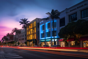 Beverly Hills on sunset. Car traffic on street in city of California, USA. Luxury car on Beverly Hills street. Streets with palm trees in California, Los Angeles, Hollywood. Ai generative illustration