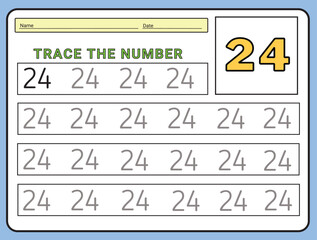 Numbers 24 tracing  practice worksheet. Learning Number activity page Printable template Vector illustrations