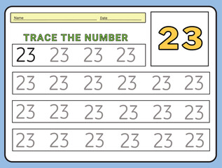 Numbers 25 tracing  practice worksheet. Learning Number activity page Printable template Vector illustrations