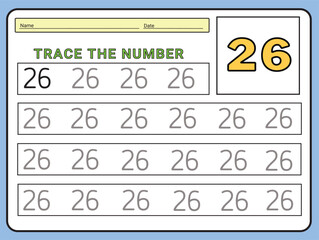 Numbers 26 tracing  practice worksheet. Learning Number activity page Printable template Vector illustrations