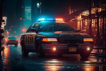 Plakat Police lights and Police car in New York. Police car with red and blue emergency. Emergency vehicle lighting. LED blinker flasher Police car. Road traffic jam accident. Crime in City. Ai Generative..