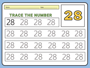 Numbers 28 tracing  practice worksheet. Learning Number activity page Printable template Vector illustrations