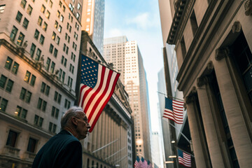 Wall Street in New York. American flag on Building of New York Stock Exchange. Federal Reserve bank and Global banking crisis. Dollar Collapse and exchange rate. Wall Street, Ai generative.