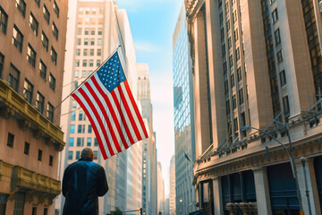 Naklejka premium Wall Street in New York. American flag on Building of New York Stock Exchange. Federal Reserve bank and Global banking crisis. Dollar Collapse and exchange rate. Wall Street, Ai generative.