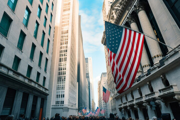 Wall Street in New York. American flag on Building of New York Stock Exchange. Federal Reserve bank and Global banking crisis. Dollar Collapse and exchange rate. Wall Street, Ai generative. - obrazy, fototapety, plakaty