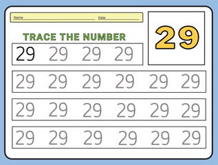 Numbers 29 tracing  practice worksheet. Learning Number activity page Printable template Vector illustrations