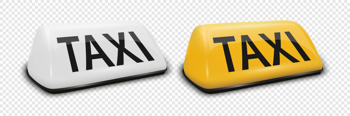 Vector 3d Realistic White and Yellow French Taxi Sign Icon Set Closeup Isolated. Design template for Taxi Service, Mockup. Front, Half Turn View
