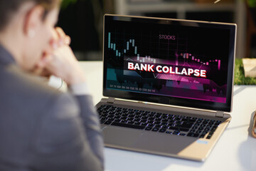 Seen from behind woman with laptop and bank collapse screen - obrazy, fototapety, plakaty