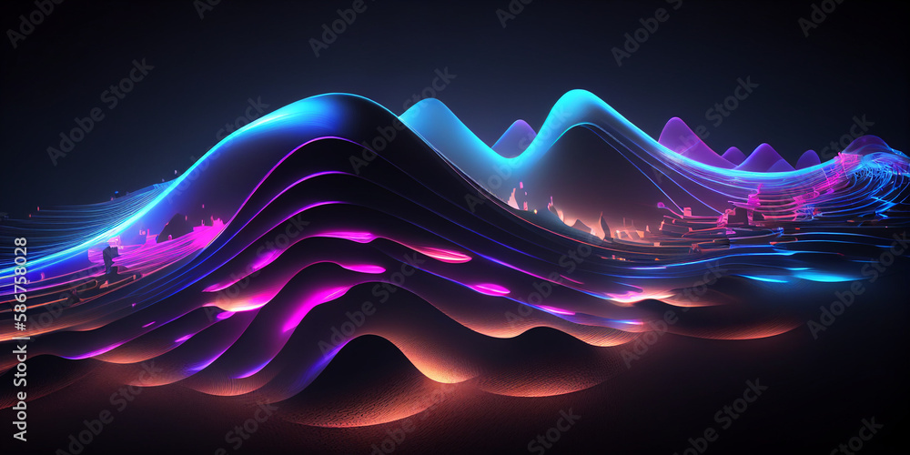 Poster abstract futuristic background with blurry glowing wave and neon lines, data flow concept generative