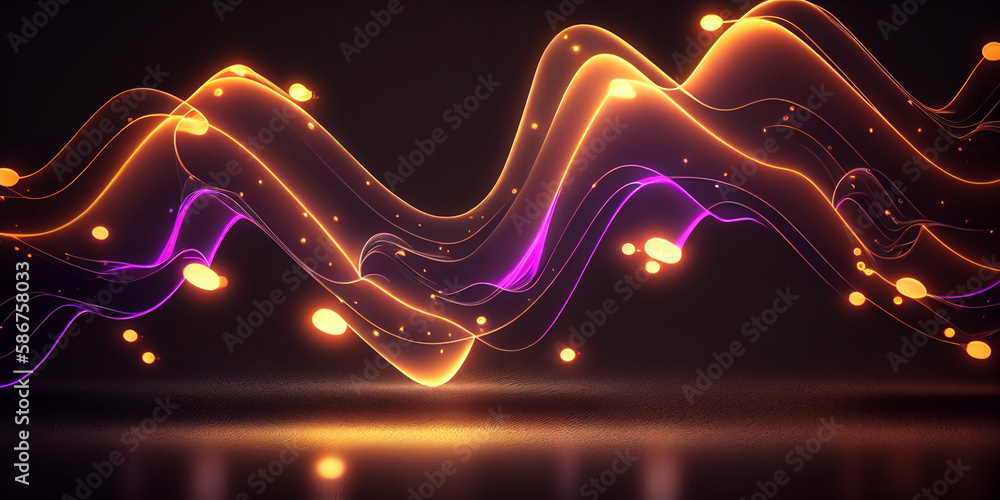 Poster abstract futuristic background with blurry glowing wave and neon lines, data flow concept generative