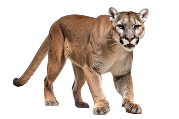 an isolated mountain lion cougar side-view, stalking prey, fierce mountain-themed photorealistic illustration on a transparent background in PNG. Generative AI - obrazy, fototapety, plakaty