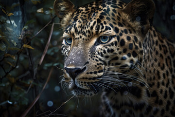 Naklejka na ściany i meble Serious look brutal, Amur leopard, powerful motley big cat looks straight through the eyes of a predator hunting for a prey. Generative AI