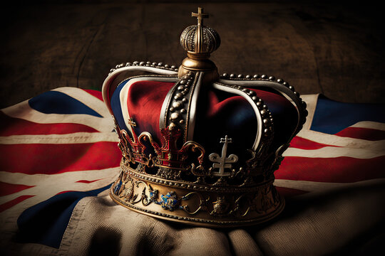 king charles, england king, British flag and crown, illustration of Crown Jewels of the United Kingdom. Ceremony of crowning the king Charles III. generative ai