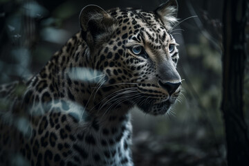 Fototapeta na wymiar Serious look brutal, Amur leopard, powerful motley big cat looks straight through the eyes of a predator hunting for a prey. Generative AI