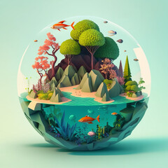 AI illustration of a poly sphere terrarium paradise island with cartoon globe in low polygonal 3D model style. Isometric diorama island with sea, trees, and mountains. Green concept landscape design