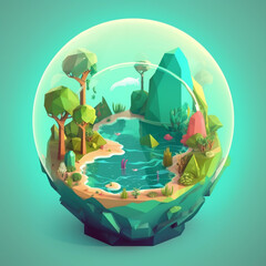 AI illustration of a poly sphere terrarium paradise island with cartoon globe in low polygonal 3D model style. Isometric diorama island with lake, trees, and mountains. Green concept landscape design
