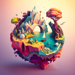 AI Colorful low-poly fantasy island artwork, with sea water, trees and sailboat. Digital art for modern intricate design projects and gaming. Isometric polygonal diorama cartoon in 3D model style