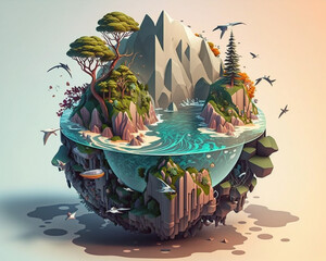 Colorful low-poly fantasy island artwork generated by AI, with sea water and trees. Digital art for modern intricate design projects and gaming. Isometric polygonal diorama cartoon in 3D model style
