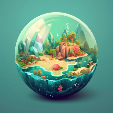 AI illustration of a poly sphere terrarium paradise island with cartoon globe in low polygonal 3D model style. Isometric diorama island with water, trees, and mountains. Green concept landscape design