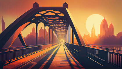 Pedestrian bridge over a river with city skyline in retro sunrise style, Generative AI