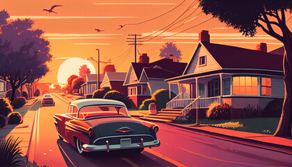 Fototapeta na wymiar Vintage cars driving through a suburban neighborhood in retro sunrise style, Generative AI
