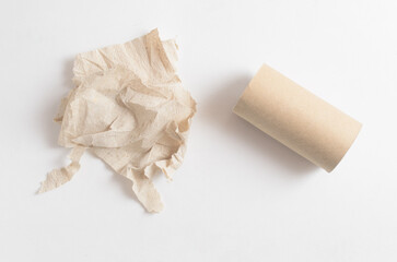 Crumpled toilet paper and empty toilet paper roll on white background
