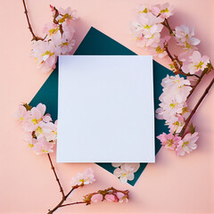 pastel cherry blossom theme, flat table background with paper in the center, Generative AI