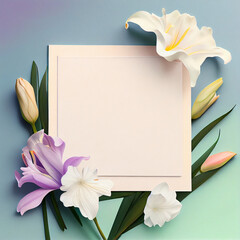 pastel iris and lily theme, flat table background with paper in the center, Generative AI