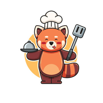 cute red panda chef character vector illustration, red panda mascot animal logo, red panda cartoon animal