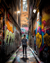 Obraz na płótnie Canvas A Person in an Alley Full of Graffiti and Street Art, generative AI