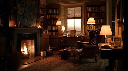 Contemporary luxury home office interior design with fireplace and bookshelves. Generative AI illustration.