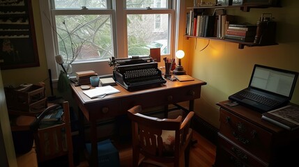 Interior design of a writter home office with a typing machine. Generative AI illustration.