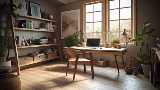 Modern home office interior design. Generative AI illustration.