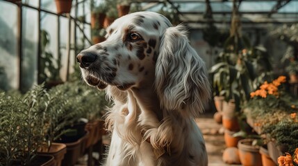 English setter dog in a greenhouse Generative AI