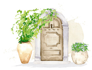 Watercolor vintage door decorated with greenery and flowers, countryside exterior, old fashioned house, architecture