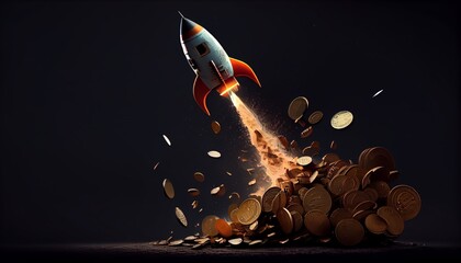 Template of a rocket flying into space, with gold coins of cryptocurrency, the rise of the price of cryptocurrency