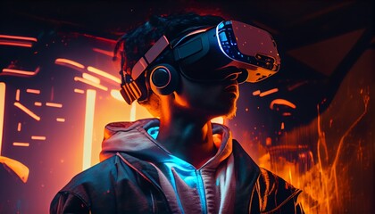 Fototapeta premium Virtual reality digital technology concept. Man wearing 3d VR headset glasses looks up, digital world. Virtual reality