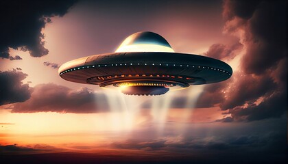 Fototapeta na wymiar UFO, an alien saucer hovering above the field in the clouds, hovering motionless in the sky. Unidentified flying object