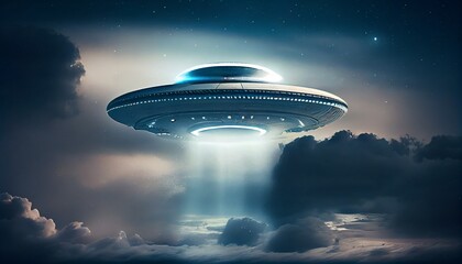 Fototapeta na wymiar UFO, an alien saucer hovering above the field in the clouds, hovering motionless in the sky. Unidentified flying object
