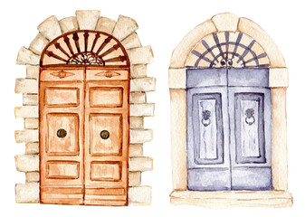 Watercolor vintage door, countryside exterior, old fashioned house, architecture