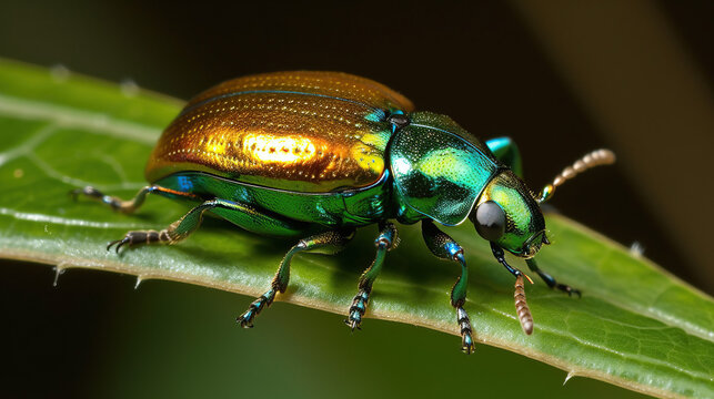 Iridescent Beetle on Leaf Generative AI